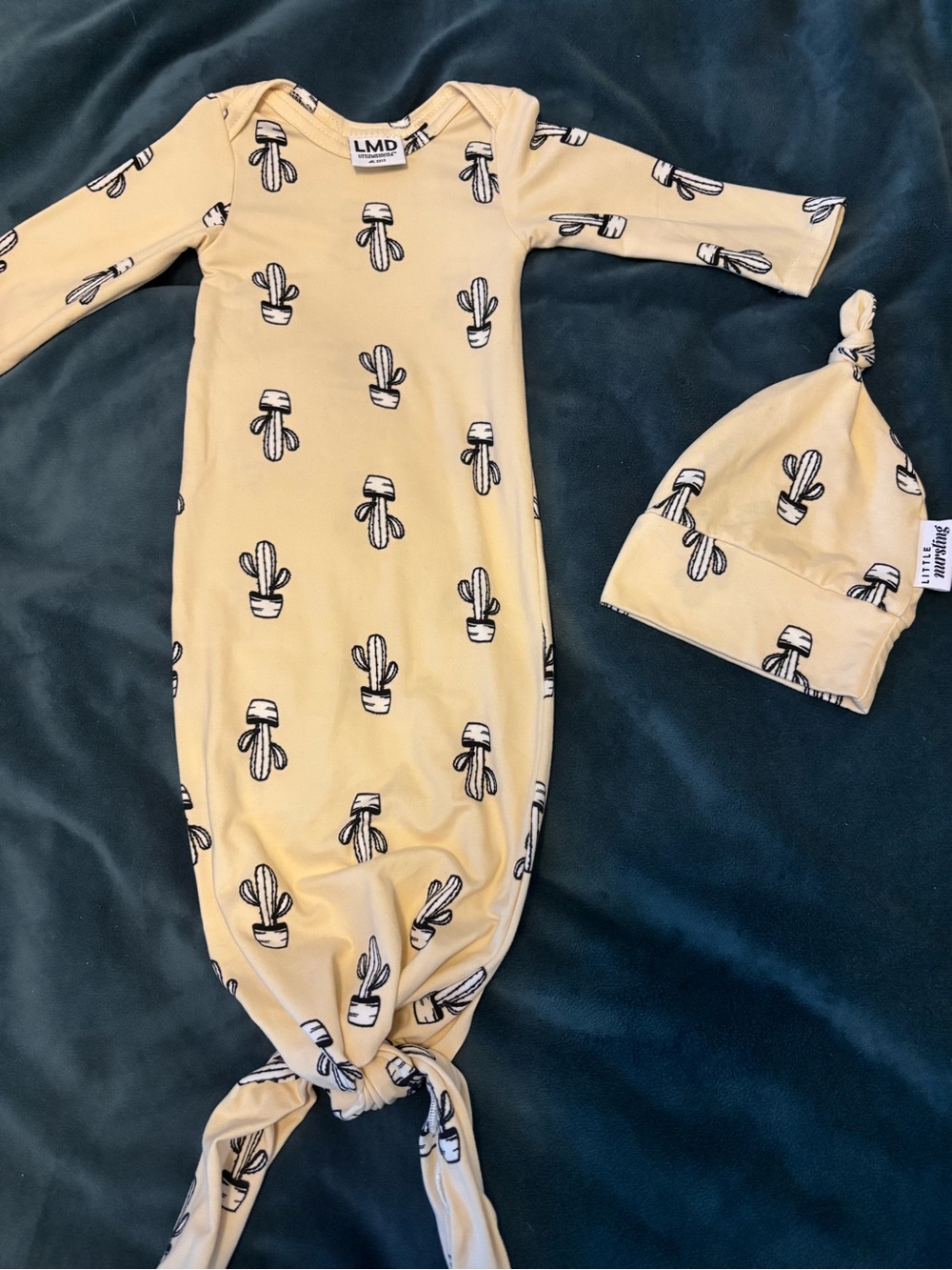 Baby Yellow Cactus Print Knot Gown & Hat - Kids One Piece